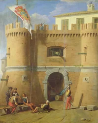 Soldati fuori da un castello fortificato